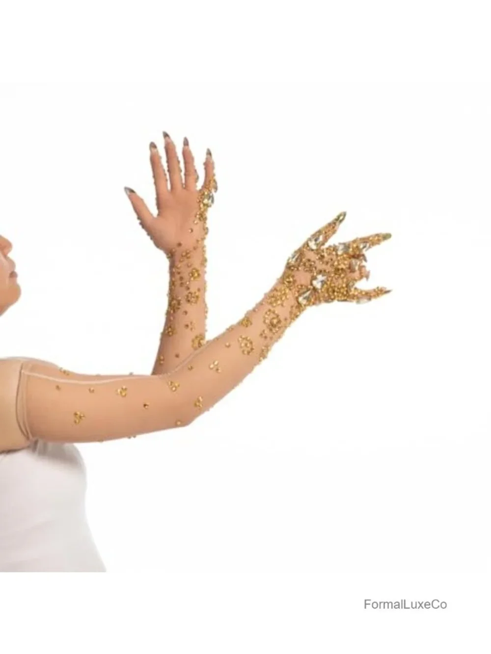 Rhinestone Gloves with Gold Crystal Embellished Nude Mesh Built-in Nail Tips